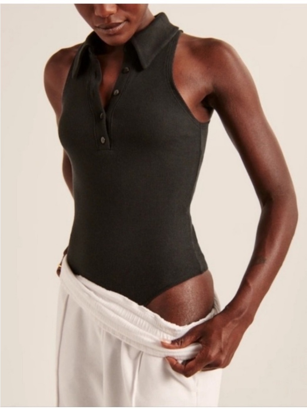 Abercrombie & Fitch Black Sleeveless Ribbed Polo Bodysuit